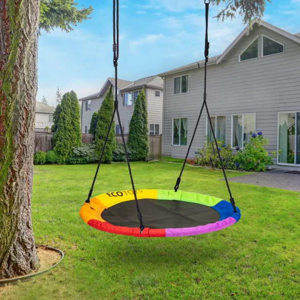 Fészekhinta, ECOTOYS BOC100, színes, átmérő: 100 cm, vízálló, állítható kötélmagasság: 140-190 cm, acél váz, poliészter, teherbírás: 150 kg