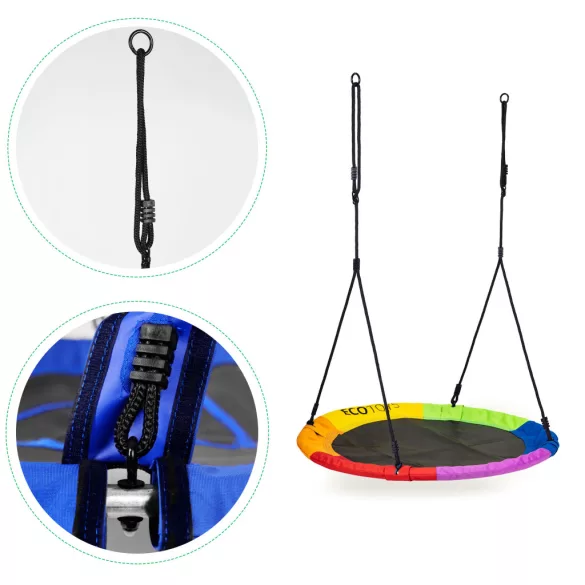 Fészekhinta, ECOTOYS BOC100, színes, átmérő: 100 cm, vízálló, állítható kötélmagasság: 140-190 cm, acél váz, poliészter, teherbírás: 150 kg