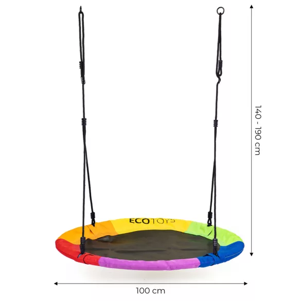 Fészekhinta, ECOTOYS BOC100, színes, átmérő: 100 cm, vízálló, állítható kötélmagasság: 140-190 cm, acél váz, poliészter, teherbírás: 150 kg
