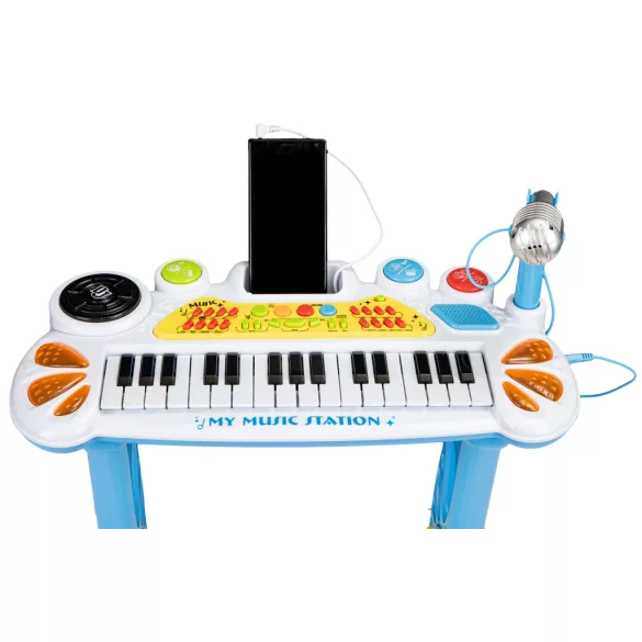 Gyerek szintetizátor, Multistore HC490441 , kék, 45 x 21 x 60 cm, 31 billentyűs, mikrofonnal, telefon/MP3 csatlakozás, előre programozott dallamok, elemes (3 x AA, nem tartozék), 3 éves kortól ajánlott