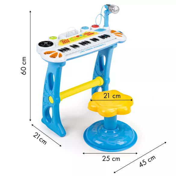 Gyerek szintetizátor, Multistore HC490441 , kék, 45 x 21 x 60 cm, 31 billentyűs, mikrofonnal, telefon/MP3 csatlakozás, előre programozott dallamok, elemes (3 x AA, nem tartozék), 3 éves kortól ajánlott