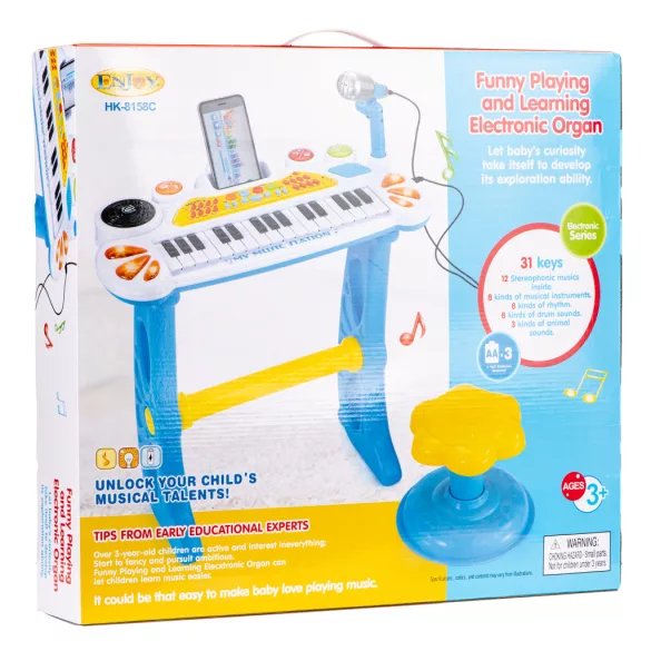 Gyerek szintetizátor, Multistore HC490441 , kék, 45 x 21 x 60 cm, 31 billentyűs, mikrofonnal, telefon/MP3 csatlakozás, előre programozott dallamok, elemes (3 x AA, nem tartozék), 3 éves kortól ajánlott