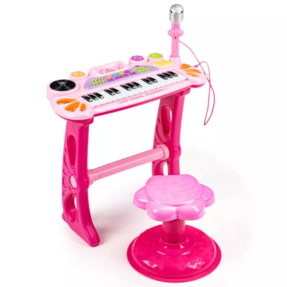Gyerek szintetizátor, Multistore HC490441 , rózsaszín, 45 x 21 x 60 cm, 31 billentyűs, mikrofonnal, telefon/MP3 csatlakozás, előre programozott dallamok, elemes (3 x AA, nem tartozék), 3 éves kortól ajánlott