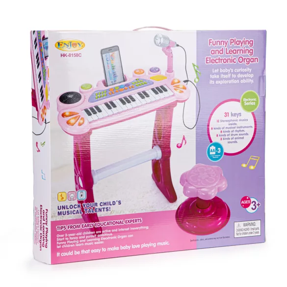 Gyerek szintetizátor, Multistore HC490441 , rózsaszín, 45 x 21 x 60 cm, 31 billentyűs, mikrofonnal, telefon/MP3 csatlakozás, előre programozott dallamok, elemes (3 x AA, nem tartozék), 3 éves kortól ajánlott
