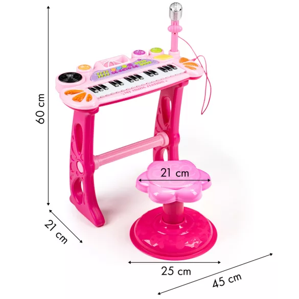 Gyerek szintetizátor, Multistore HC490441 , rózsaszín, 45 x 21 x 60 cm, 31 billentyűs, mikrofonnal, telefon/MP3 csatlakozás, előre programozott dallamok, elemes (3 x AA, nem tartozék), 3 éves kortól ajánlott