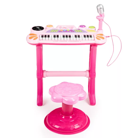 Gyerek szintetizátor, Multistore HC490441 , rózsaszín, 45 x 21 x 60 cm, 31 billentyűs, mikrofonnal, telefon/MP3 csatlakozás, előre programozott dallamok, elemes (3 x AA, nem tartozék), 3 éves kortól ajánlott