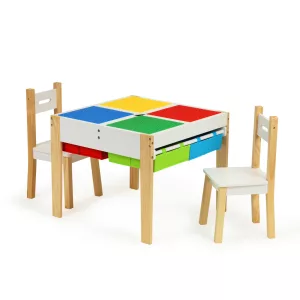 Gyerek asztal és szék szett, ECOTOYS XKF002, 1 db asztal + 2 db szék, fenyőfa lábak, kétoldalas asztallap, 4 kihúzható rekesz
