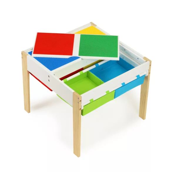 Gyerek asztal és szék szett, ECOTOYS XKF002, 1 db asztal + 2 db szék, fenyőfa lábak, kétoldalas asztallap, 4 kihúzható rekesz