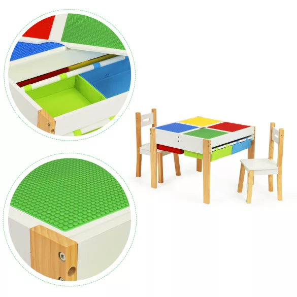 Gyerek asztal és szék szett, ECOTOYS XKF002, 1 db asztal + 2 db szék, fenyőfa lábak, kétoldalas asztallap, 4 kihúzható rekesz