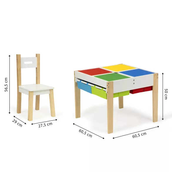 Gyerek asztal és szék szett, ECOTOYS XKF002, 1 db asztal + 2 db szék, fenyőfa lábak, kétoldalas asztallap, 4 kihúzható rekesz