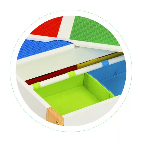 Gyerek asztal és szék szett, ECOTOYS XKF002, 1 db asztal + 2 db szék, fenyőfa lábak, kétoldalas asztallap, 4 kihúzható rekesz