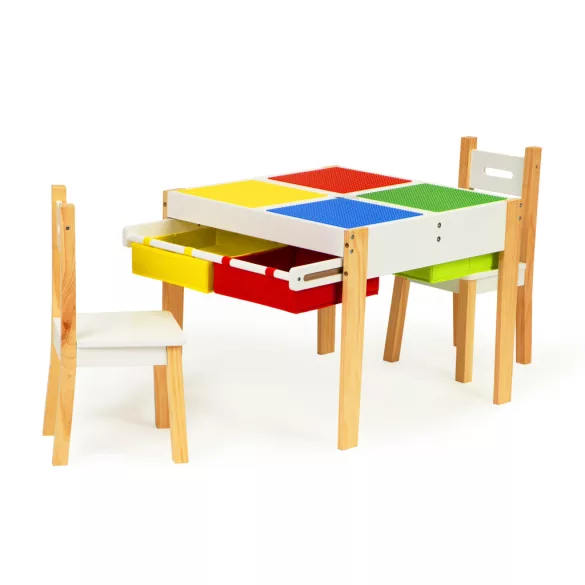 Gyerek asztal és szék szett, ECOTOYS XKF002, 1 db asztal + 2 db szék, fenyőfa lábak, kétoldalas asztallap, 4 kihúzható rekesz