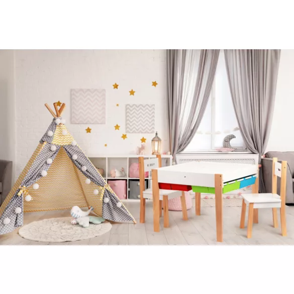Gyerek asztal és szék szett, ECOTOYS XKF002, 1 db asztal + 2 db szék, fenyőfa lábak, kétoldalas asztallap, 4 kihúzható rekesz