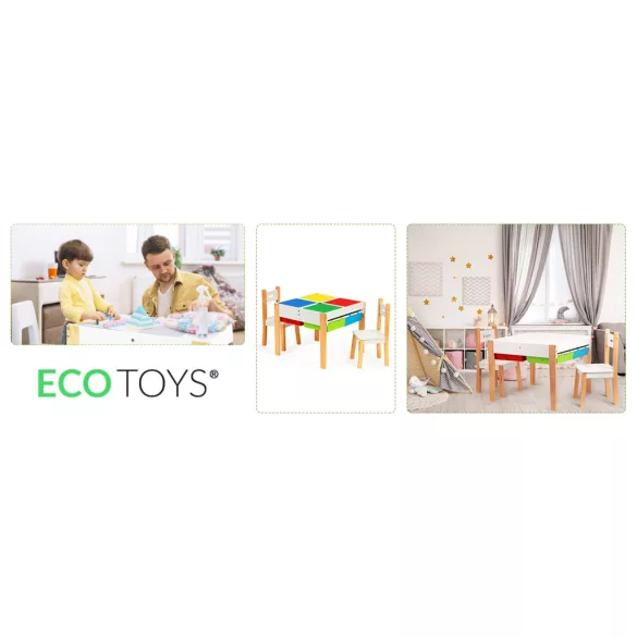Gyerek asztal és szék szett, ECOTOYS XKF002, 1 db asztal + 2 db szék, fenyőfa lábak, kétoldalas asztallap, 4 kihúzható rekesz