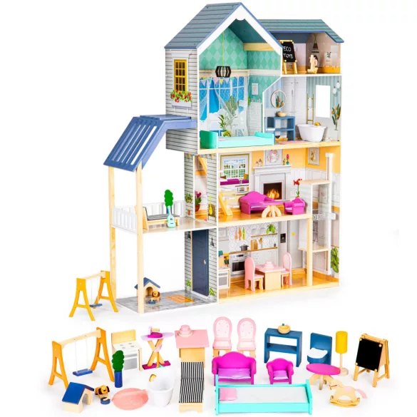 Fa babaház, ECOTOYS 8101, Maya rezidencia, 115 x 30,5 x 138,5 cm, 4 szint, 7 szoba, 28 db bútor, mozgó lift, terasz