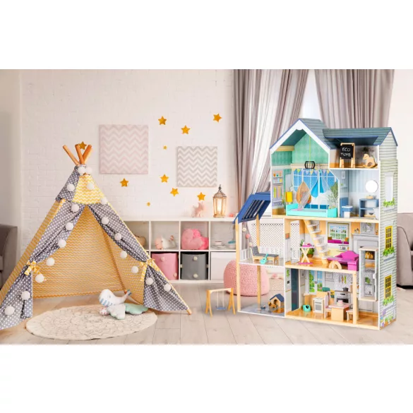 Fa babaház, ECOTOYS 8101, Maya rezidencia, 115 x 30,5 x 138,5 cm, 4 szint, 7 szoba, 28 db bútor, mozgó lift, terasz