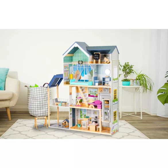 Fa babaház, ECOTOYS 8101, Maya rezidencia, 115 x 30,5 x 138,5 cm, 4 szint, 7 szoba, 28 db bútor, mozgó lift, terasz