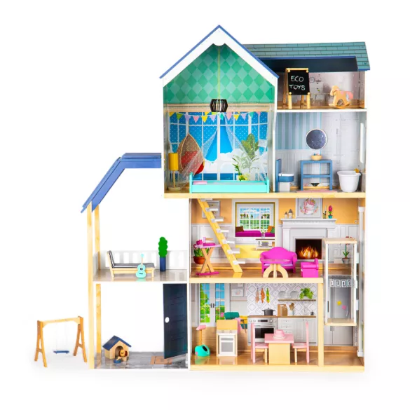 Fa babaház, ECOTOYS 8101, Maya rezidencia, 115 x 30,5 x 138,5 cm, 4 szint, 7 szoba, 28 db bútor, mozgó lift, terasz