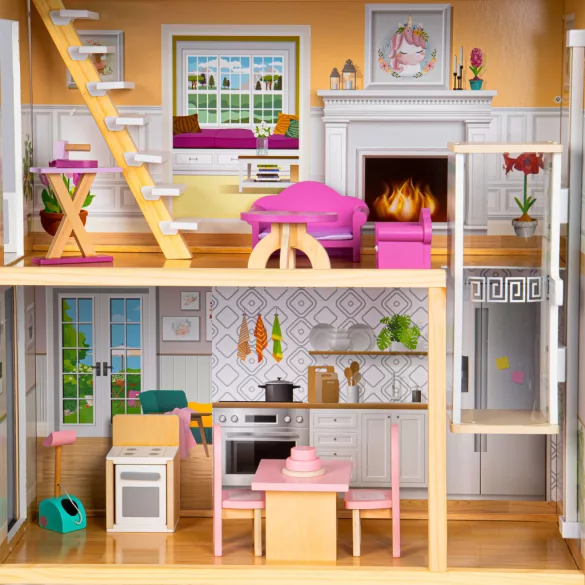 Fa babaház, ECOTOYS 8101, Maya rezidencia, 115 x 30,5 x 138,5 cm, 4 szint, 7 szoba, 28 db bútor, mozgó lift, terasz