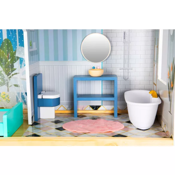 Fa babaház, ECOTOYS 8101, Maya rezidencia, 115 x 30,5 x 138,5 cm, 4 szint, 7 szoba, 28 db bútor, mozgó lift, terasz