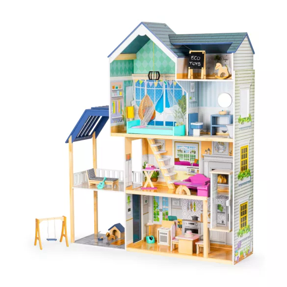 Fa babaház, ECOTOYS 8101, Maya rezidencia, 115 x 30,5 x 138,5 cm, 4 szint, 7 szoba, 28 db bútor, mozgó lift, terasz