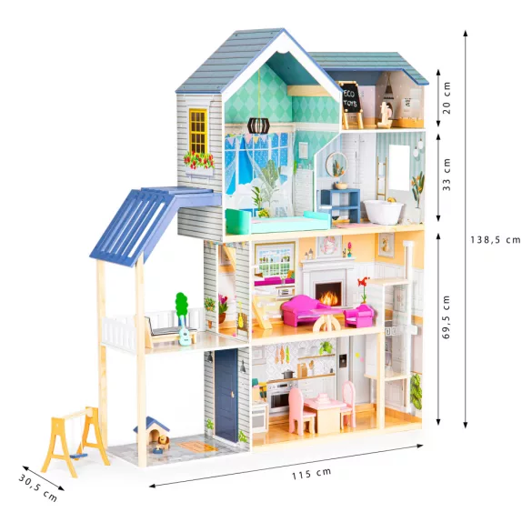 Fa babaház, ECOTOYS 8101, Maya rezidencia, 115 x 30,5 x 138,5 cm, 4 szint, 7 szoba, 28 db bútor, mozgó lift, terasz