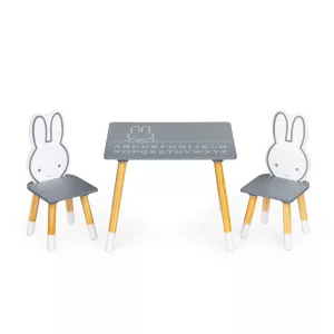 Gyerek asztal és szék szett, ECOTOYS WH141, 1 db asztal + 2 db szék, fenyőfa lábak, nyuszi háttámla, ábécés asztallap
