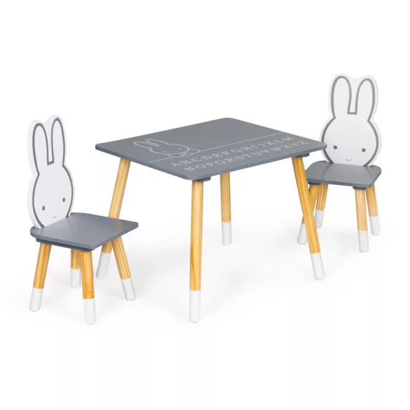 Gyerek asztal és szék szett, ECOTOYS WH141, 1 db asztal + 2 db szék, fenyőfa lábak, nyuszi háttámla, ábécés asztallap