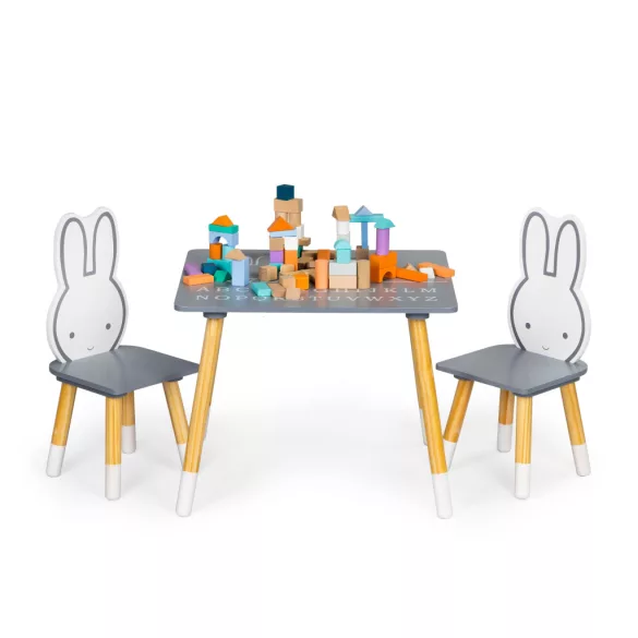 Gyerek asztal és szék szett, ECOTOYS WH141, 1 db asztal + 2 db szék, fenyőfa lábak, nyuszi háttámla, ábécés asztallap