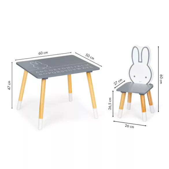Gyerek asztal és szék szett, ECOTOYS WH141, 1 db asztal + 2 db szék, fenyőfa lábak, nyuszi háttámla, ábécés asztallap