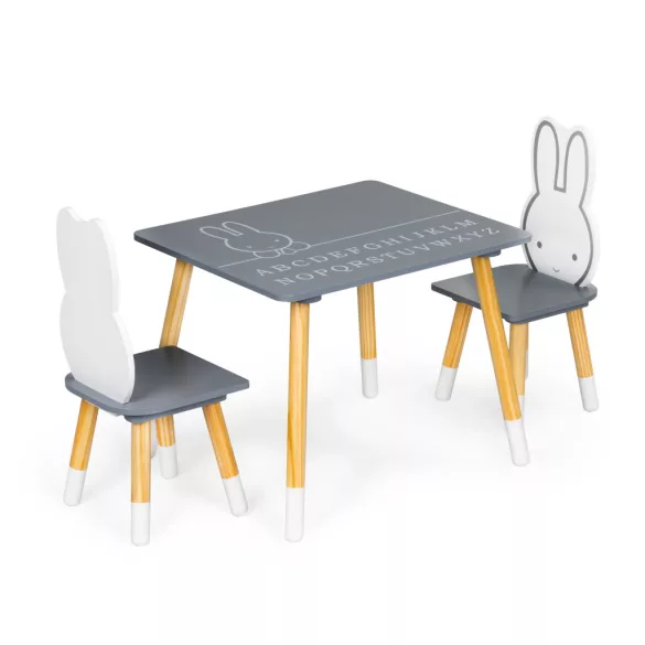 Gyerek asztal és szék szett, ECOTOYS WH141, 1 db asztal + 2 db szék, fenyőfa lábak, nyuszi háttámla, ábécés asztallap