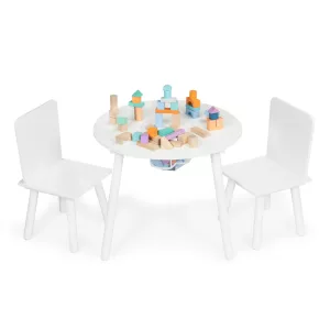 Gyerek asztal és szék szett, ECOTOYS WH135, fehér, 1 db asztal + 2 db szék, fenyőfa lábak, játéktároló háló, kerek asztal