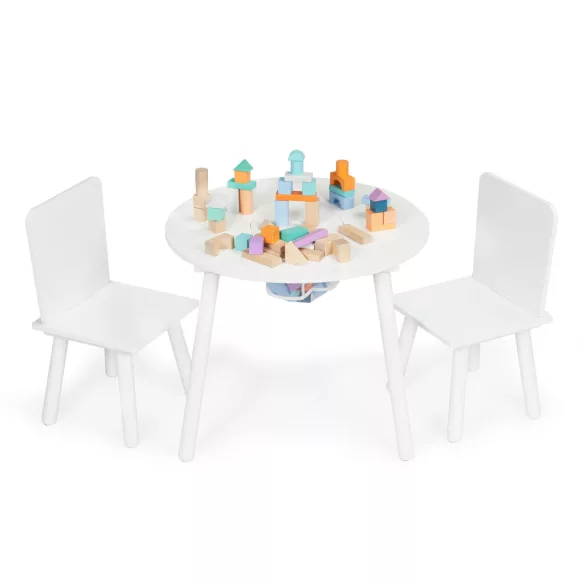 Gyerek asztal és szék szett, ECOTOYS WH135, fehér, 1 db asztal + 2 db szék, fenyőfa lábak, játéktároló háló, kerek asztal