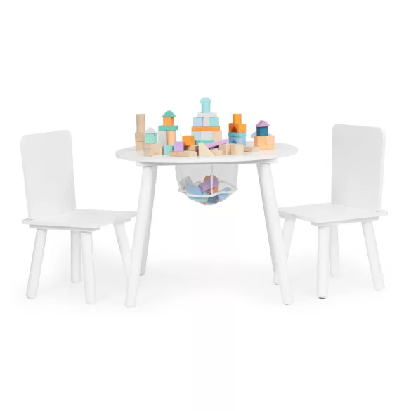 Gyerek asztal és szék szett, ECOTOYS WH135, fehér, 1 db asztal + 2 db szék, fenyőfa lábak, játéktároló háló, kerek asztal