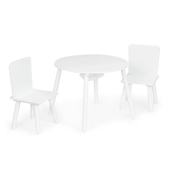 Gyerek asztal és szék szett, ECOTOYS WH135, fehér, 1 db asztal + 2 db szék, fenyőfa lábak, játéktároló háló, kerek asztal
