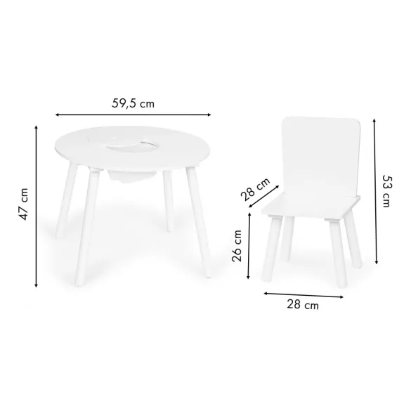 Gyerek asztal és szék szett, ECOTOYS WH135, fehér, 1 db asztal + 2 db szék, fenyőfa lábak, játéktároló háló, kerek asztal