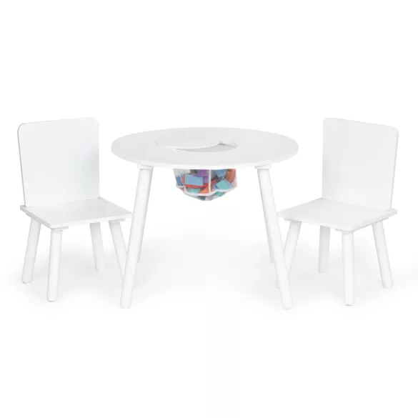 Gyerek asztal és szék szett, ECOTOYS WH135, fehér, 1 db asztal + 2 db szék, fenyőfa lábak, játéktároló háló, kerek asztal