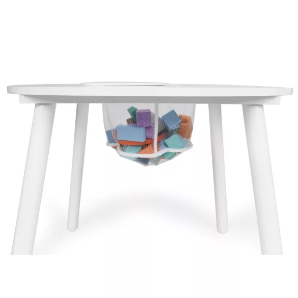 Gyerek asztal és szék szett, ECOTOYS WH135, fehér, 1 db asztal + 2 db szék, fenyőfa lábak, játéktároló háló, kerek asztal