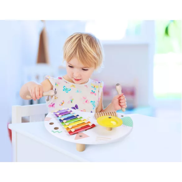 Zenélő játékasztal, ECOTOYS 3655, 34 x 10,5 x 23,5 cm, 3 db beépített hangszer, 2 db ütő, 3 éves kortól ajánlott