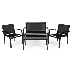   Kerti bútorszett, MultiGarden FR-ITS020, fekete, fém váz, edzett üveglap, 4 részes: asztal, 2 fotel és kétszemélyes pad, asztal: 90x50 cm, textilén, időjárásálló