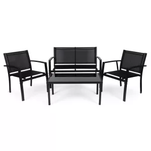 Kerti bútorszett, MultiGarden FR-ITS020, fekete, fém váz, edzett üveglap, 4 részes: asztal, 2 fotel és kétszemélyes pad, asztal: 90x50 cm, textilén, időjárásálló
