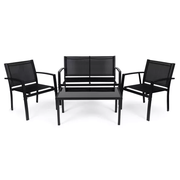 Kerti bútorszett, MultiGarden FR-ITS020, fekete, fém váz, edzett üveglap, 4 részes: asztal, 2 fotel és kétszemélyes pad, asztal: 90x50 cm, textilén, időjárásálló