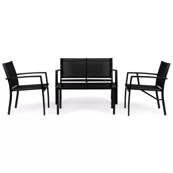 Kerti bútorszett, MultiGarden FR-ITS020, fekete, fém váz, edzett üveglap, 4 részes: asztal, 2 fotel és kétszemélyes pad, asztal: 90x50 cm, textilén, időjárásálló
