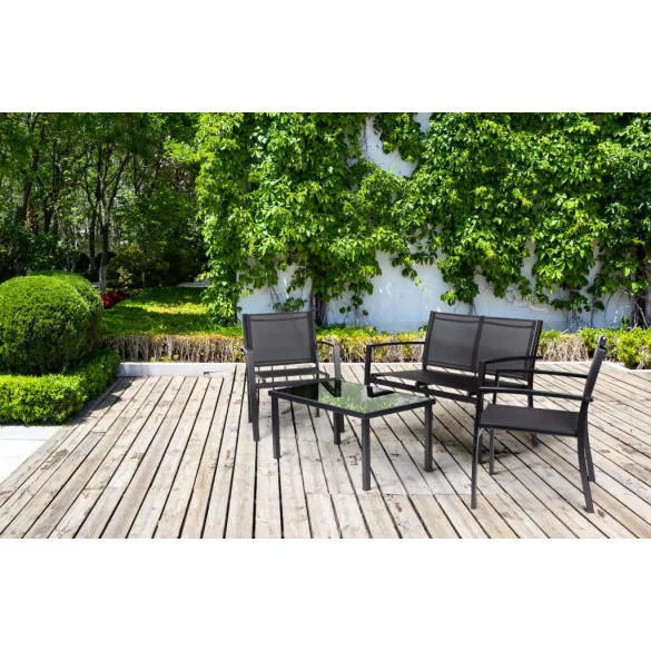 Kerti bútorszett, MultiGarden FR-ITS020, fekete, fém váz, edzett üveglap, 4 részes: asztal, 2 fotel és kétszemélyes pad, asztal: 90x50 cm, textilén, időjárásálló