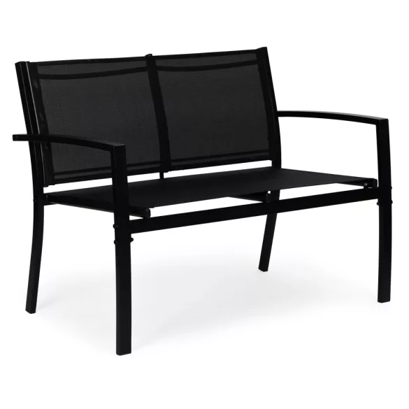Kerti bútorszett, MultiGarden FR-ITS020, fekete, fém váz, edzett üveglap, 4 részes: asztal, 2 fotel és kétszemélyes pad, asztal: 90x50 cm, textilén, időjárásálló