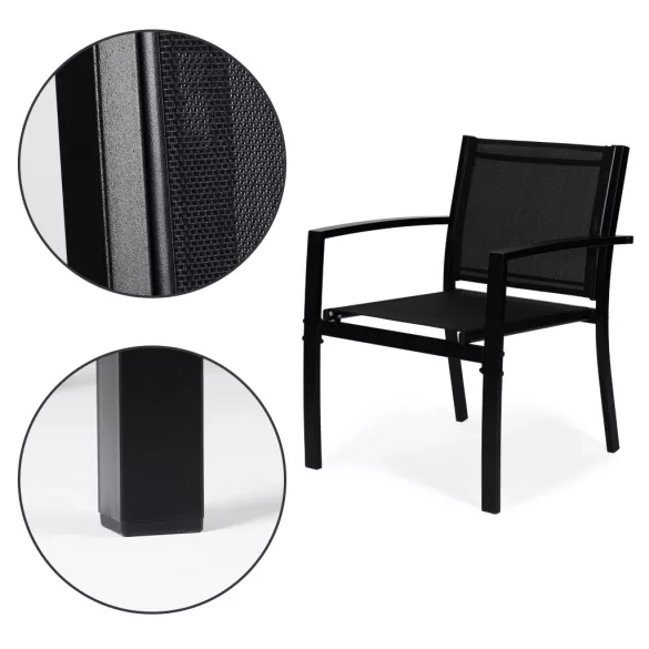 Kerti bútorszett, MultiGarden FR-ITS020, fekete, fém váz, edzett üveglap, 4 részes: asztal, 2 fotel és kétszemélyes pad, asztal: 90x50 cm, textilén, időjárásálló
