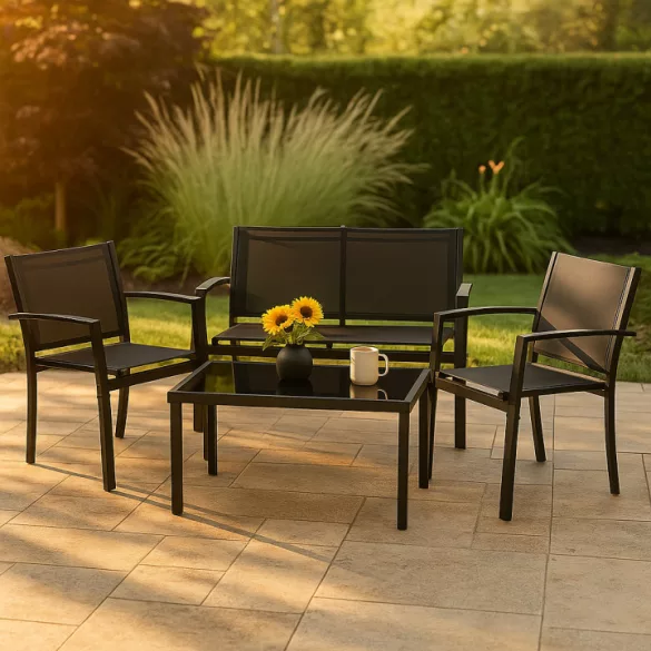 Kerti bútorszett, MultiGarden FR-ITS020, fekete, fém váz, edzett üveglap, 4 részes: asztal, 2 fotel és kétszemélyes pad, asztal: 90x50 cm, textilén, időjárásálló