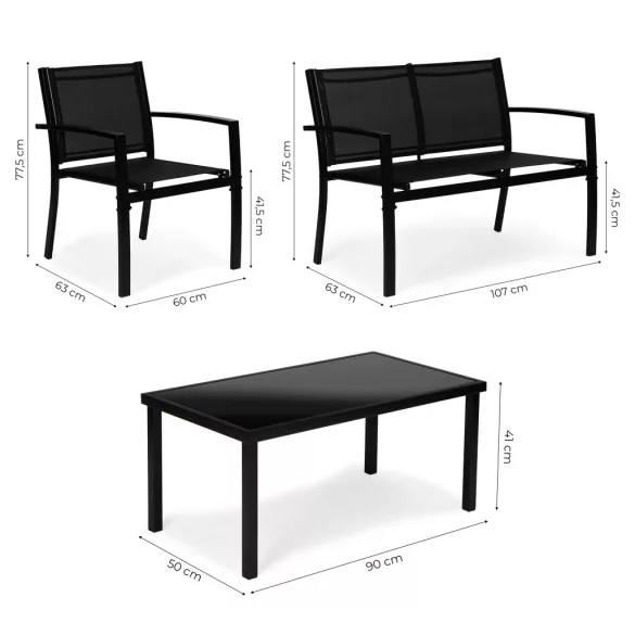 Kerti bútorszett, MultiGarden FR-ITS020, fekete, fém váz, edzett üveglap, 4 részes: asztal, 2 fotel és kétszemélyes pad, asztal: 90x50 cm, textilén, időjárásálló