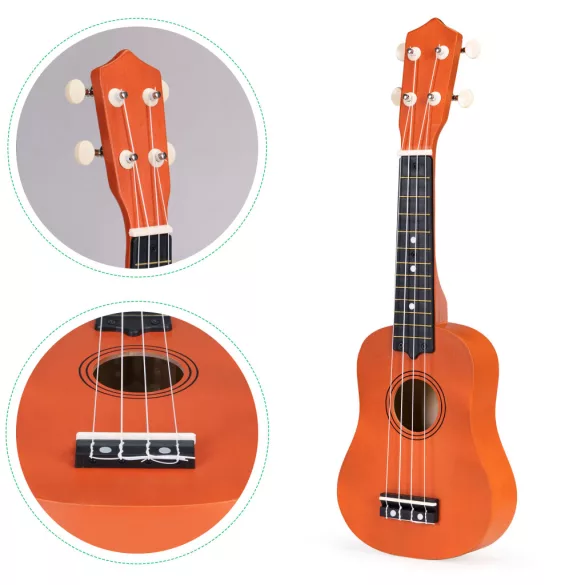 Gyerek ukulele, ECOTOYS MF019E, barna, 17,5 x 5 x 52,5 cm, fa, hangolható, 4 nejlon húrral, pengetővel, 12 bunddal, 3 éves kortól ajánlott