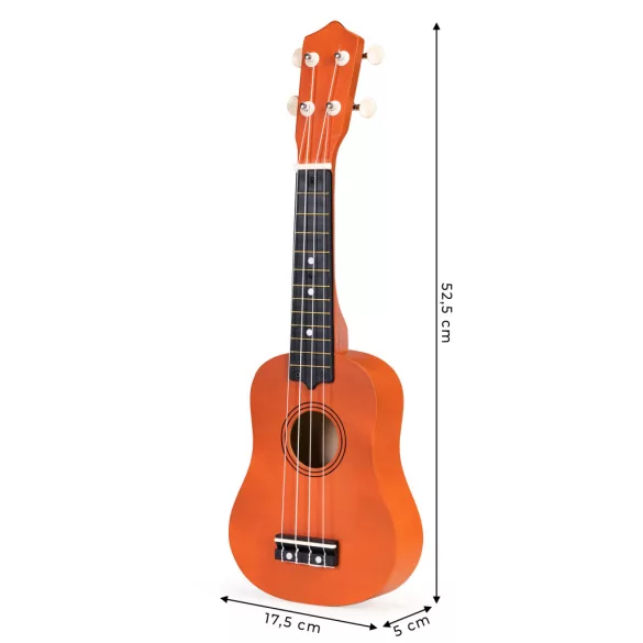 Gyerek ukulele, ECOTOYS MF019E, barna, 17,5 x 5 x 52,5 cm, fa, hangolható, 4 nejlon húrral, pengetővel, 12 bunddal, 3 éves kortól ajánlott